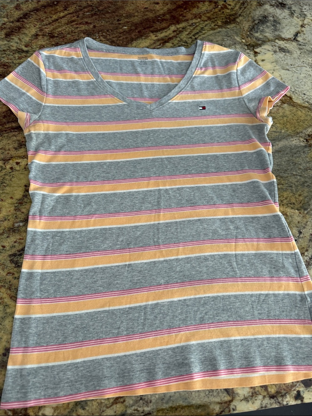 Tommy Hilfiger V-Neck Short Sleeve Tee in Gray with Pink & Yellow Stripes